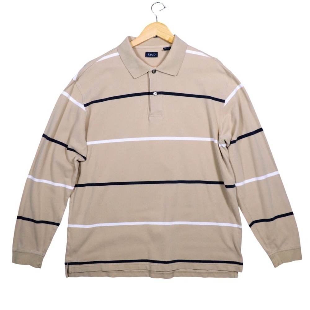 IZOD Mens Long Sleeve Polo Shirt Tan Stripe Casual‎ Size L
